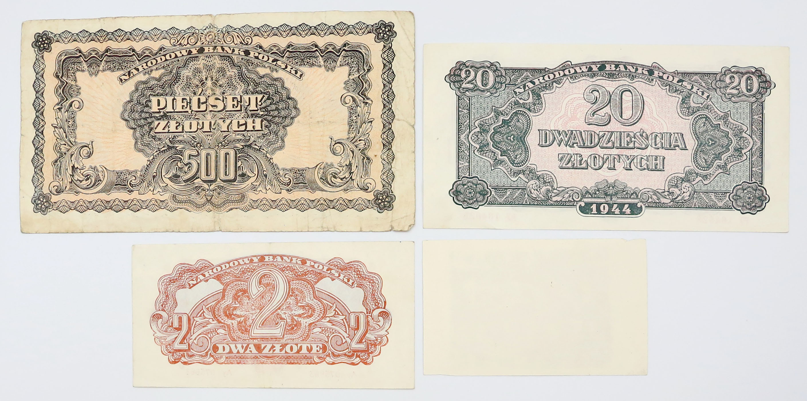 1-500 złotych 1938-1944, zestaw 4 banknotów